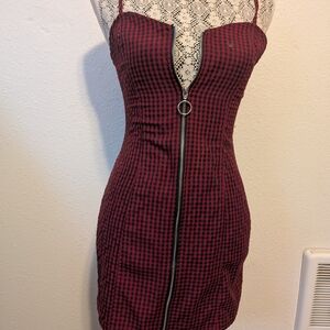 Forever 21 Burgundy and Black Gingham Zip-Front Bodycon Mini Dress